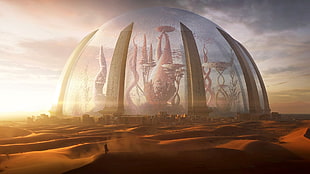 glass dome city in middle of desert poster, digital art, Torment: Tides of Numenera, video games