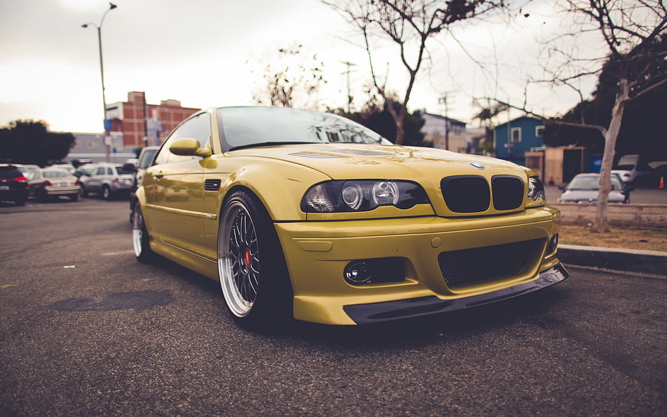 parked ahead yellow BMW E46 HD wallpaper