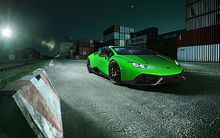 green Lamborghini luxury car during nighttime HD wallpaper