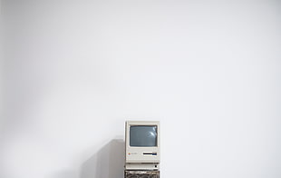 gray CRT monitor, computer, Macintosh, white, minimalism