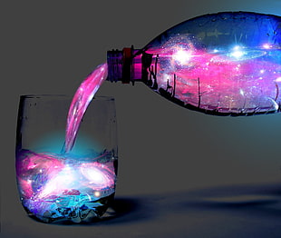pink and purple galaxy-themed bottle and drinking glass HD wallpaper