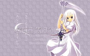 white haired female character holding scythe wallpaper