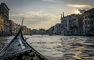 gray gondola boat, canal, gondolas, Venice, dusk