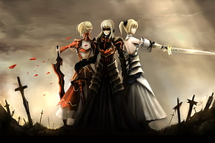 three female anime characters holding swords illustration, anime, anime girls, Fate Series, Saber Alter HD wallpaper