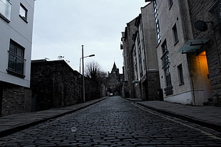 gray concrete road, Edinburgh, alleyway, light bulb, clouds