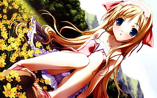 anime girl sitting on bed of flowers digital wallpaper
