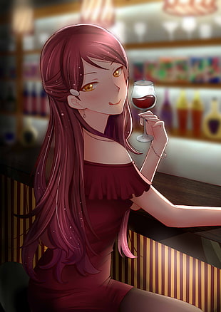 girl anime character wearing red dress holding wine glass illustration HD wallpaper