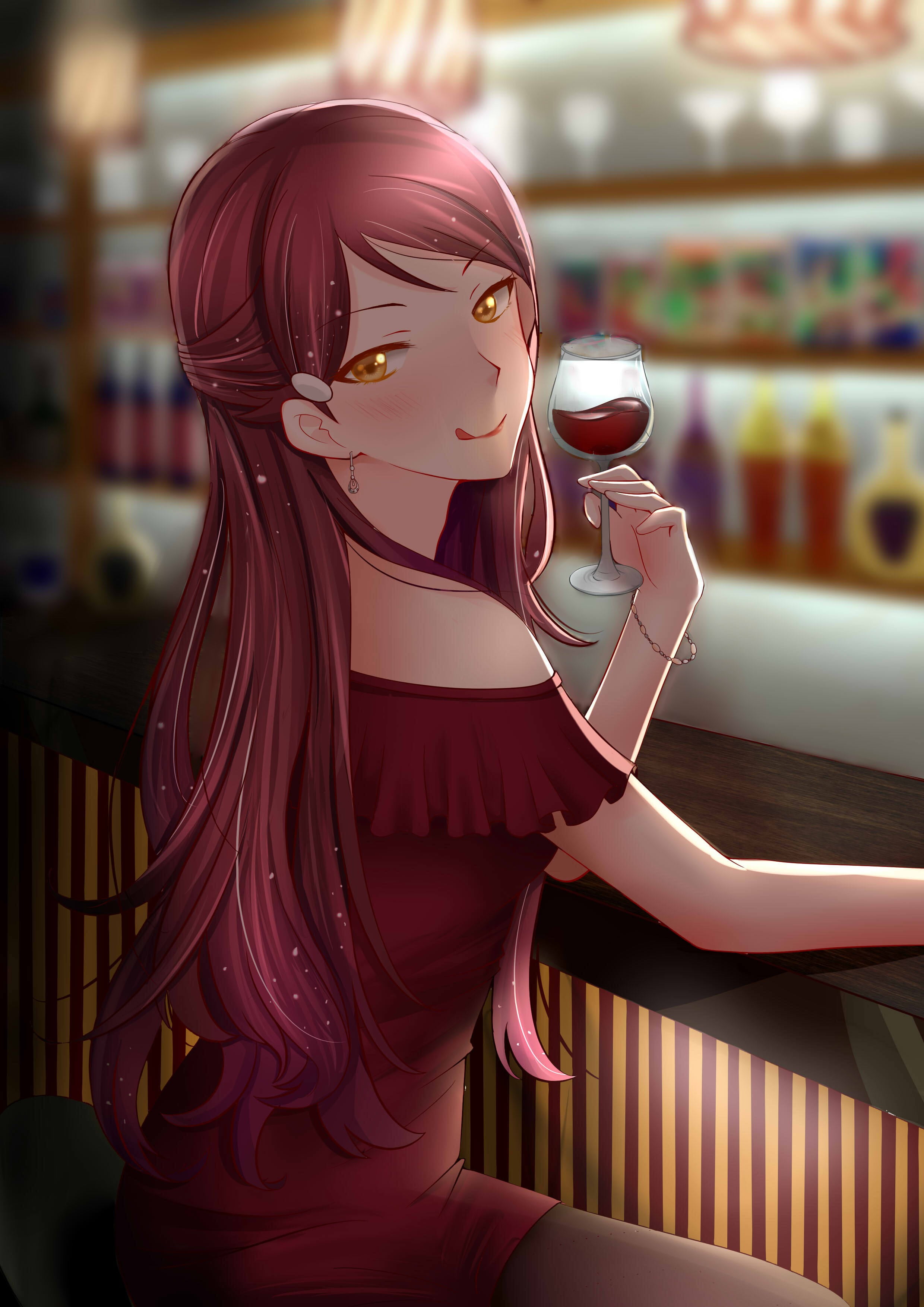 Girl anime character wearing red dress holding wine glass illustration