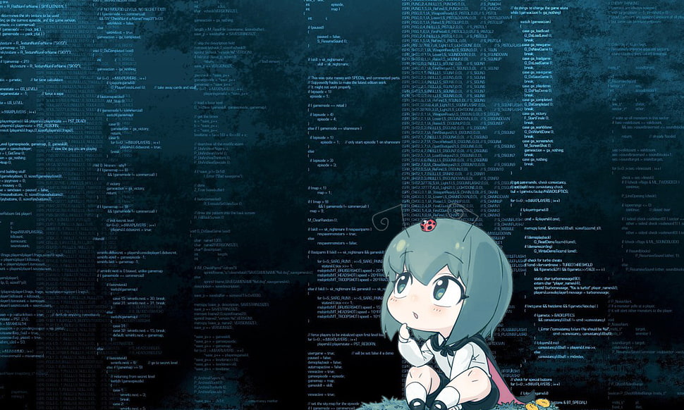 teal haired female cartoon character illustration, anime, code, insect HD wallpaper