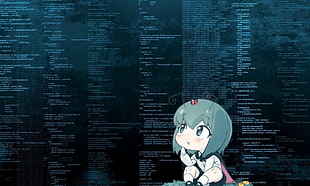 teal haired female cartoon character illustration, anime, code, insect