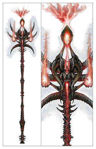 black Baphomet spear illustration collage, fantasy art, weapon, fantasy weapon HD wallpaper
