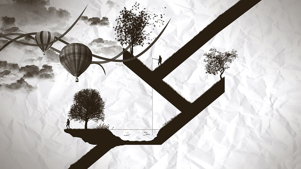 black and white floral print textile, digital art, hot air balloons, abstract, monochrome HD wallpaper