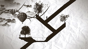 black and white floral print textile, digital art, hot air balloons, abstract, monochrome