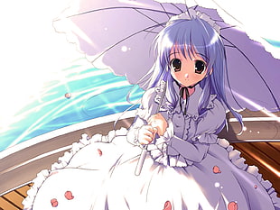 purple-haired anime character on boat holding umbrella