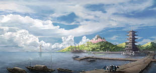 castle and body of water painting, anime, landscape, Asian architecture, harbor