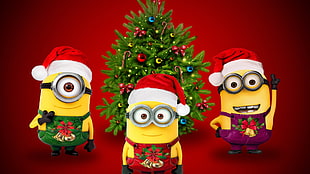 three Minions and Christmas tree