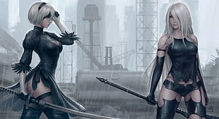 two female character with swords digital wallpaper