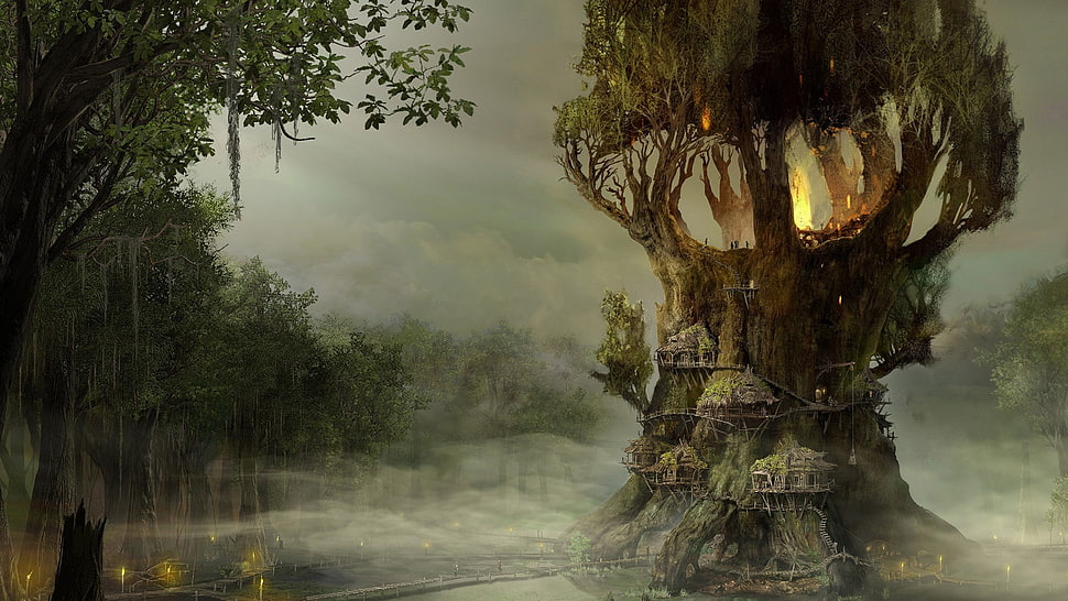 brown and green tree digital wallpaper, fantasy art, landscape, trees HD wallpaper