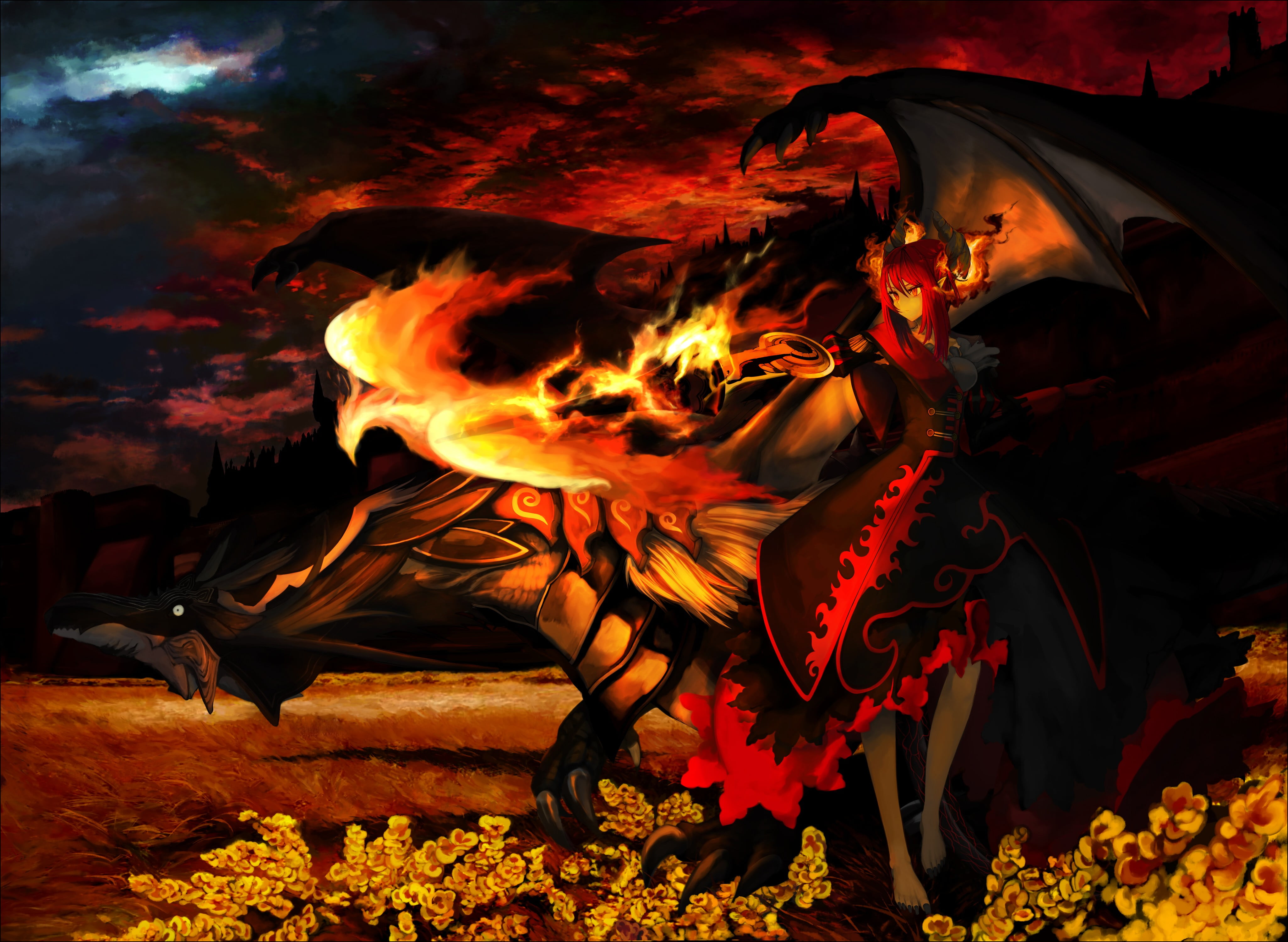 fire wizard with dragon illustration, fire, fantasy art, red