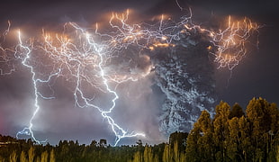 lighting and hurricane, lightning, volcano, eruptions, smoke HD wallpaper