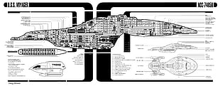 white and gray USS Voyager diagram, Star Trek Voyager, Star Trek, USS Voyager, blueprints