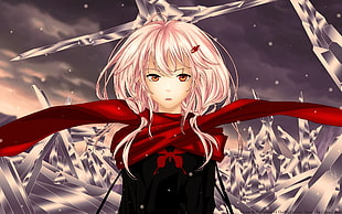 pink haired girl anime character wearing red scarf near icicles