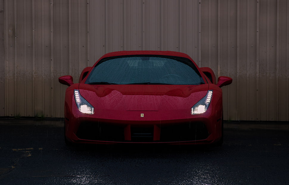 red Ferrari 488, Sports car, Front view, Headlight HD wallpaper