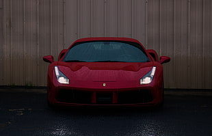 red Ferrari 488, Sports car, Front view, Headlight
