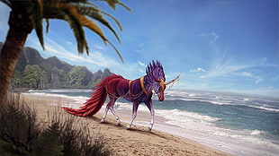 purple and red horse standing near body of water
