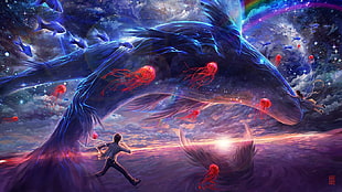 whale with people digital wallpaper