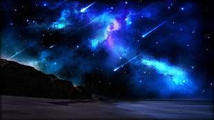 comets illustration, landscape, sky, stars, space