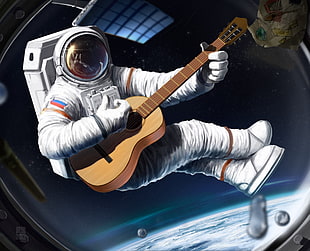 brown dreadnought acoustic guitar, astronaut, humor, guitar