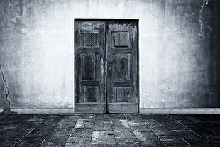 black wooden 6-panel door, door, monochrome
