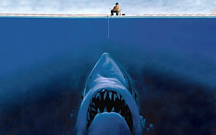 gray shark painting, fisherman, Great White Shark, digital art, humor HD wallpaper