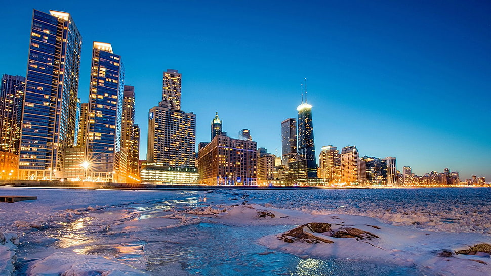 lighted building lot, winter, ice, Chicago HD wallpaper