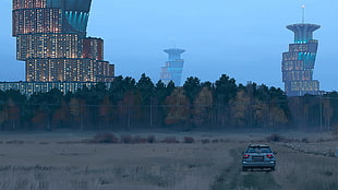 gray car, Simon Stålenhag, field, forest, science fiction HD wallpaper