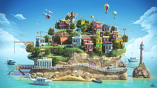 island with buildings 3D illustration, artwork, colorful, sea, island