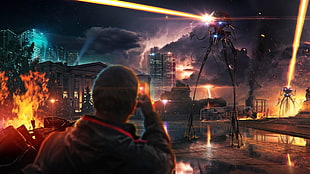 person taking picture of an extraterrestrial machine invading city digital wallpaper, movies, War of the Worlds