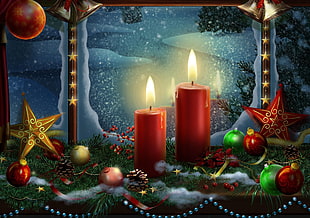 two red pillar candles beside Christmas baubles