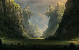 mountain range with statue under nimbus clouds wallpaper, digital art, valley, statue, mountains