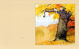 tiger and child on tree painting, Calvin and Hobbes HD wallpaper