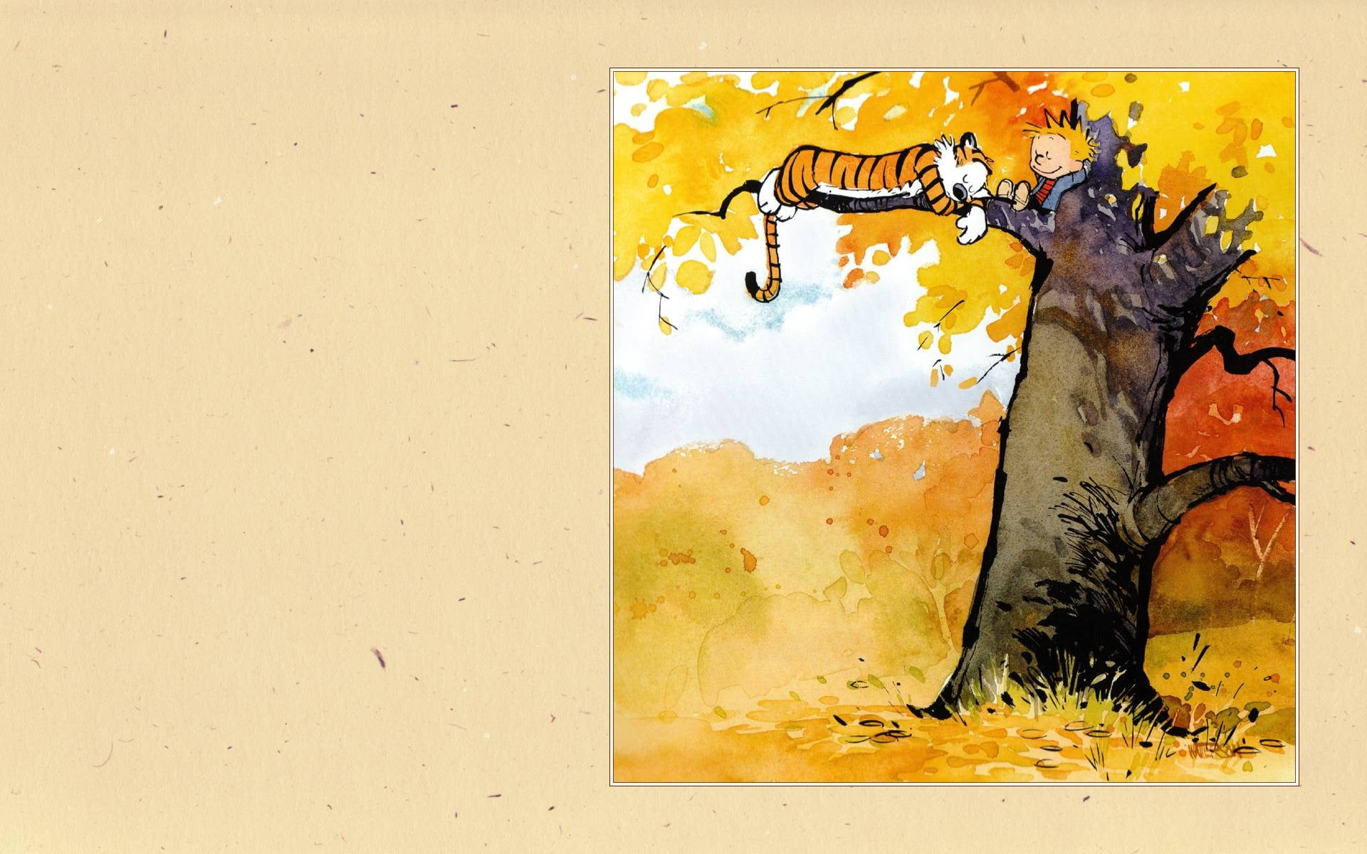 tiger and child on tree painting, Calvin and Hobbes