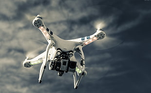 white and black quad copter drone flying HD wallpaper