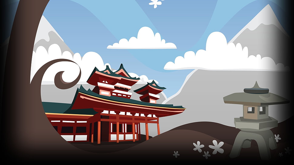 red oriental temple illustration, Abalone, artwork HD wallpaper