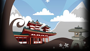 red oriental temple illustration, Abalone, artwork HD wallpaper