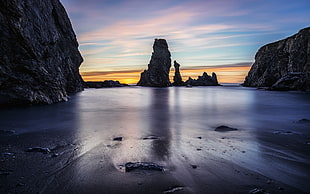 rock formation, sunset, coast, landscape HD wallpaper