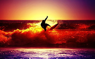 black surfboard, photography, sea, water, sunset