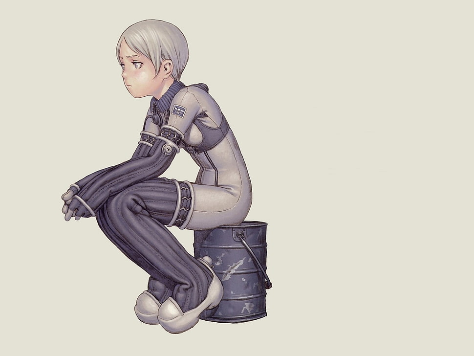 white haired anime character sitting on can HD wallpaper