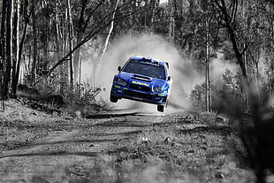 blue sports car, rally cars, selective coloring, dust, Subaru