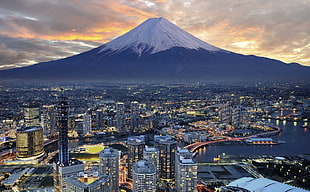gray high-rise buildings, Japan, Mount Fuji